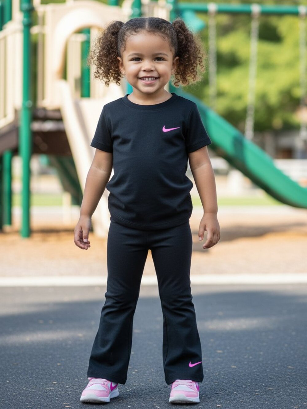 Nike Kids Flared Leggings NWT 4T Black Cotton Stretch Pink Logo Pants